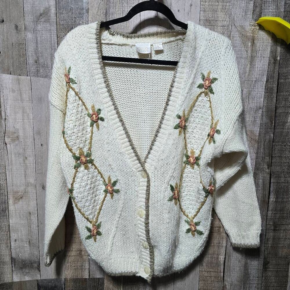 Needles & Yarn Vintage Cream Floral Diamond Knit Cardigan Sweater Medium Cottage
